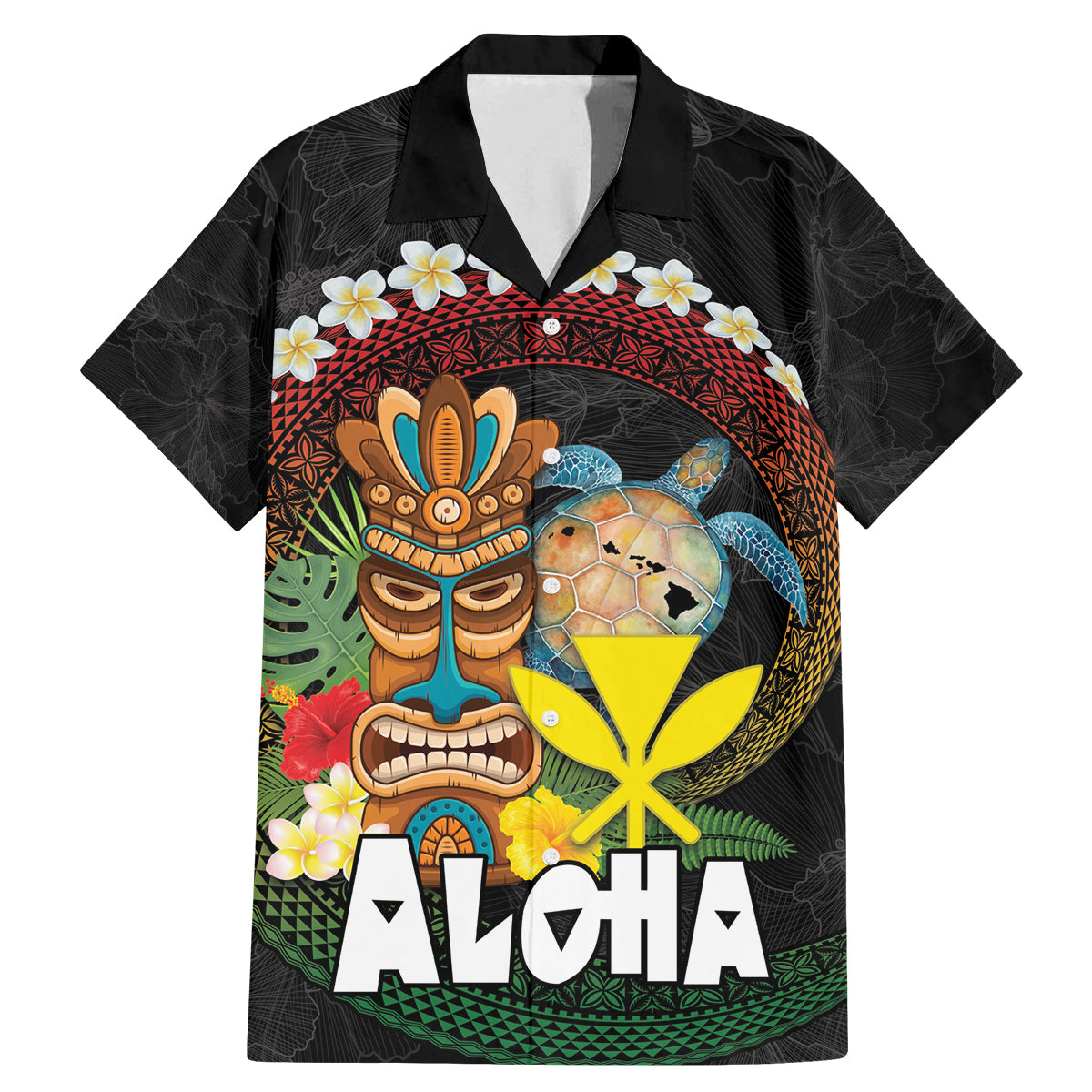 Aloha Hawaii Family Matching Mermaid Dress and Hawaiian Shirt Kanaka Maoli with Polynesian Spiral Plumeria LT03 Dad's Shirt - Short Sleeve Black - Polynesian Pride