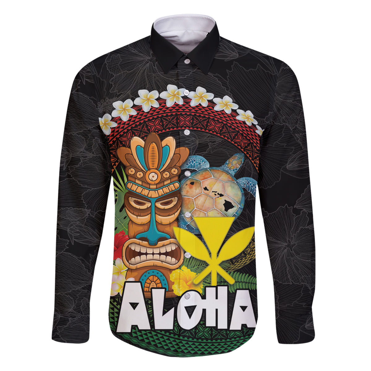 Aloha Hawaii Family Matching Mermaid Dress and Hawaiian Shirt Kanaka Maoli with Polynesian Spiral Plumeria LT03 Dad's Shirt - Long Sleeve Black - Polynesian Pride