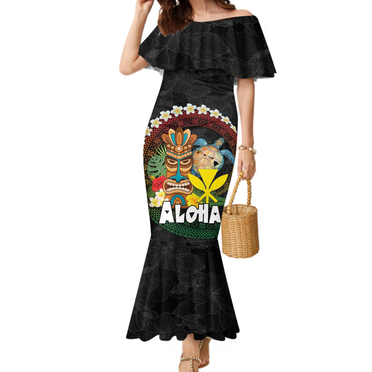 Aloha Hawaii Family Matching Mermaid Dress and Hawaiian Shirt Kanaka Maoli with Polynesian Spiral Plumeria LT03 Mom's Dress Black - Polynesian Pride