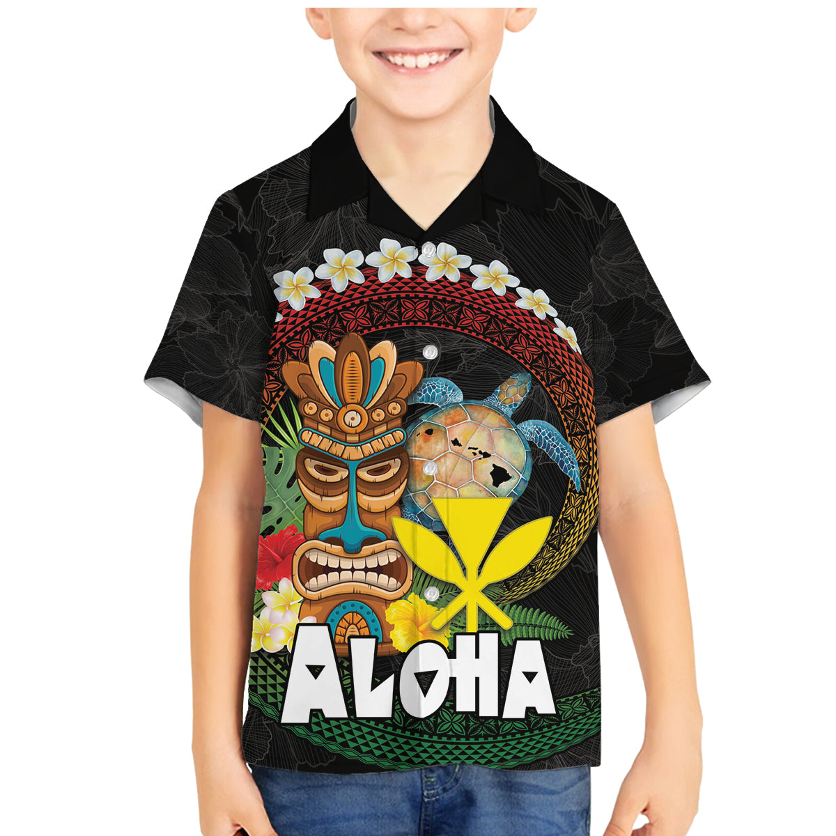 Aloha Hawaii Family Matching Mermaid Dress and Hawaiian Shirt Kanaka Maoli with Polynesian Spiral Plumeria LT03 Son's Shirt Black - Polynesian Pride