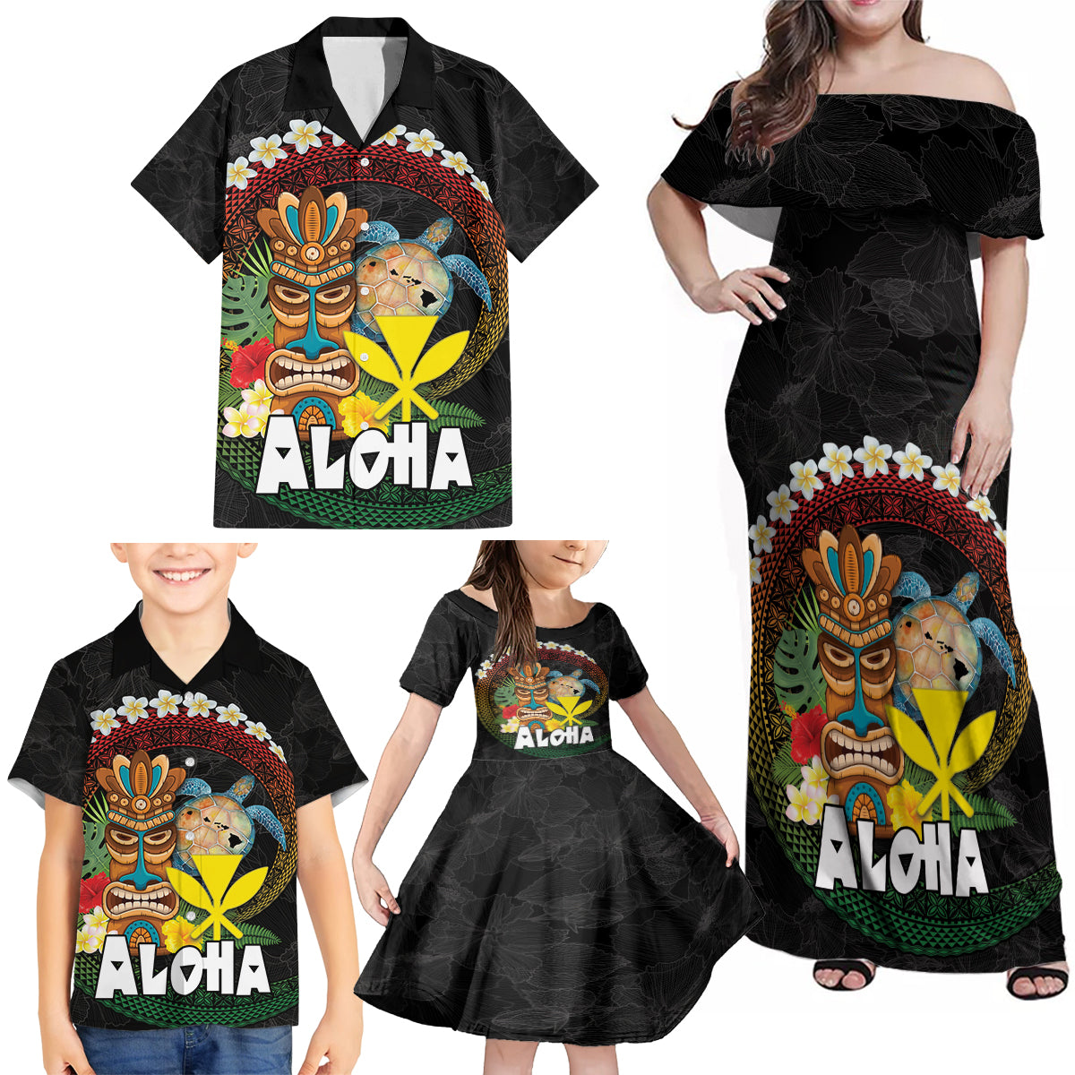 Aloha Hawaii Family Matching Off Shoulder Maxi Dress and Hawaiian Shirt Kanaka Maoli with Polynesian Spiral Plumeria LT03 - Polynesian Pride