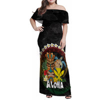 Aloha Hawaii Family Matching Off Shoulder Maxi Dress and Hawaiian Shirt Kanaka Maoli with Polynesian Spiral Plumeria LT03 Mom's Dress Black - Polynesian Pride