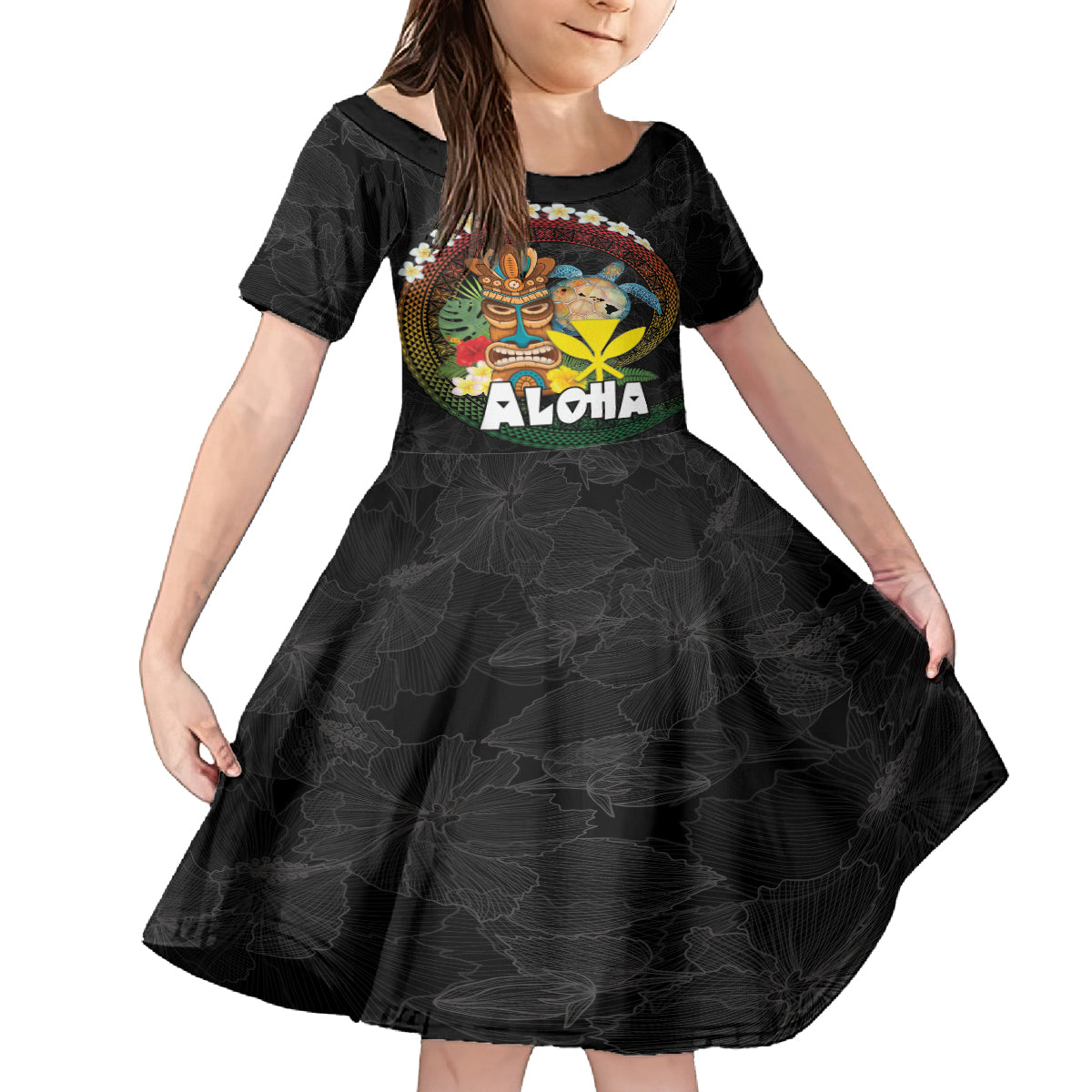 Aloha Hawaii Family Matching Puletasi and Hawaiian Shirt Kanaka Maoli with Polynesian Spiral Plumeria LT03 Daughter's Dress Black - Polynesian Pride