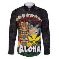 Aloha Hawaii Family Matching Puletasi and Hawaiian Shirt Kanaka Maoli with Polynesian Spiral Plumeria LT03 Dad's Shirt - Long Sleeve Black - Polynesian Pride
