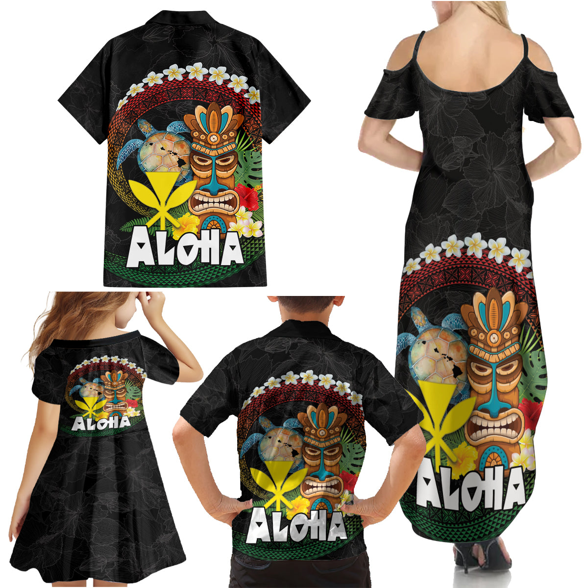Aloha Hawaii Family Matching Summer Maxi Dress and Hawaiian Shirt Kanaka Maoli with Polynesian Spiral Plumeria