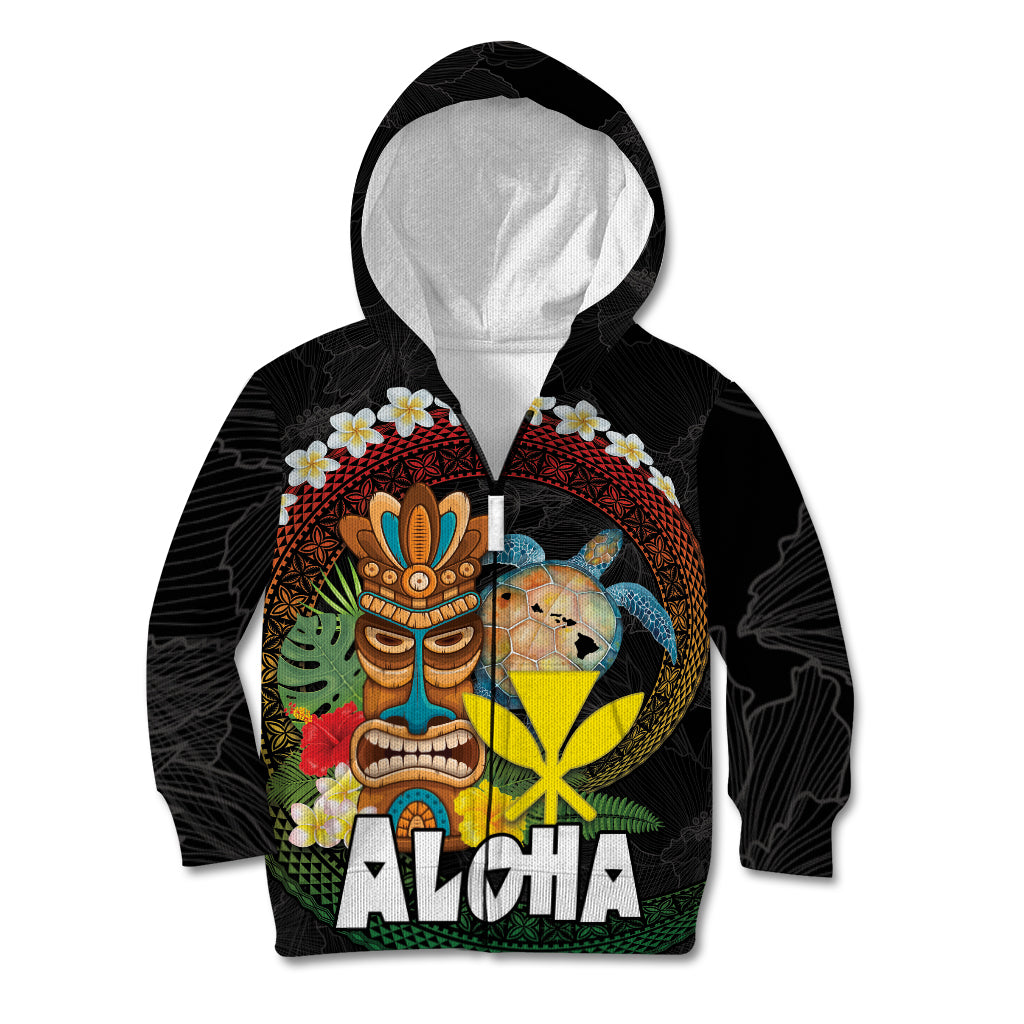 Aloha Hawaii Kid Hoodie Kanaka Maoli with Polynesian Spiral Plumeria LT03 Zip Hoodie Black - Polynesian Pride