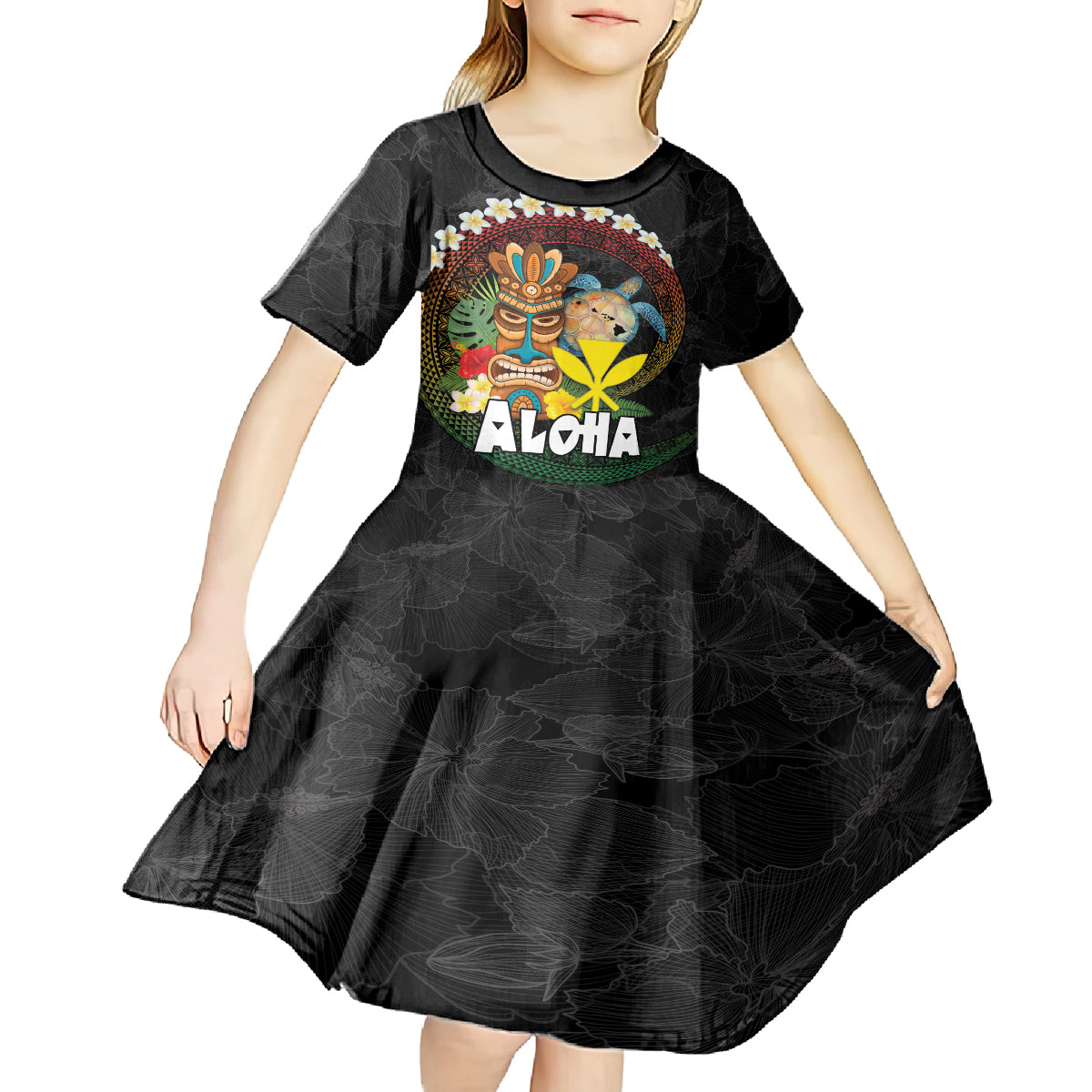 Aloha Hawaii Kid Short Sleeve Dress Kanaka Maoli with Polynesian Spiral Plumeria LT03 - Polynesian Pride