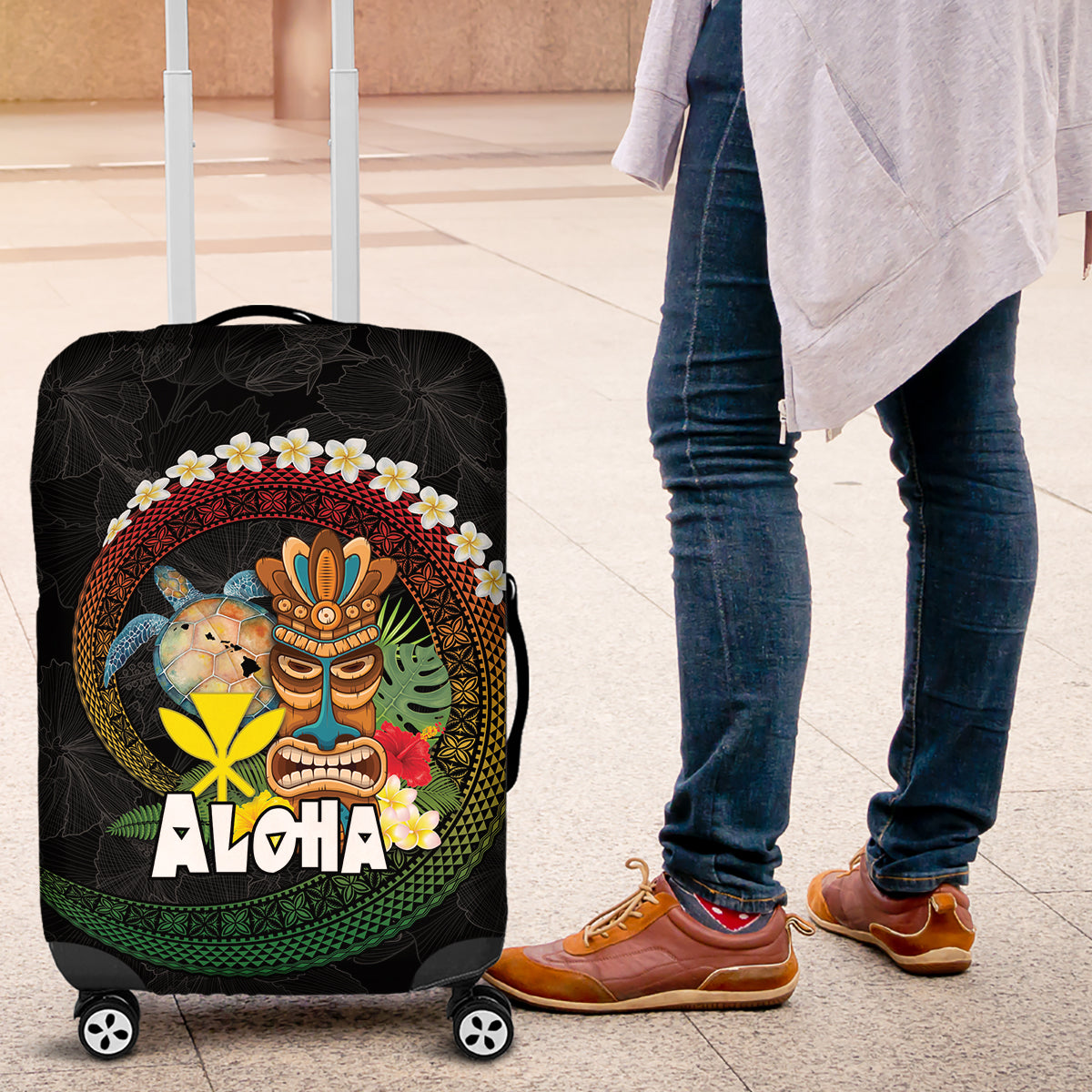 Aloha Hawaii Luggage Cover Kanaka Maoli with Polynesian Spiral Plumeria LT03 Black - Polynesian Pride