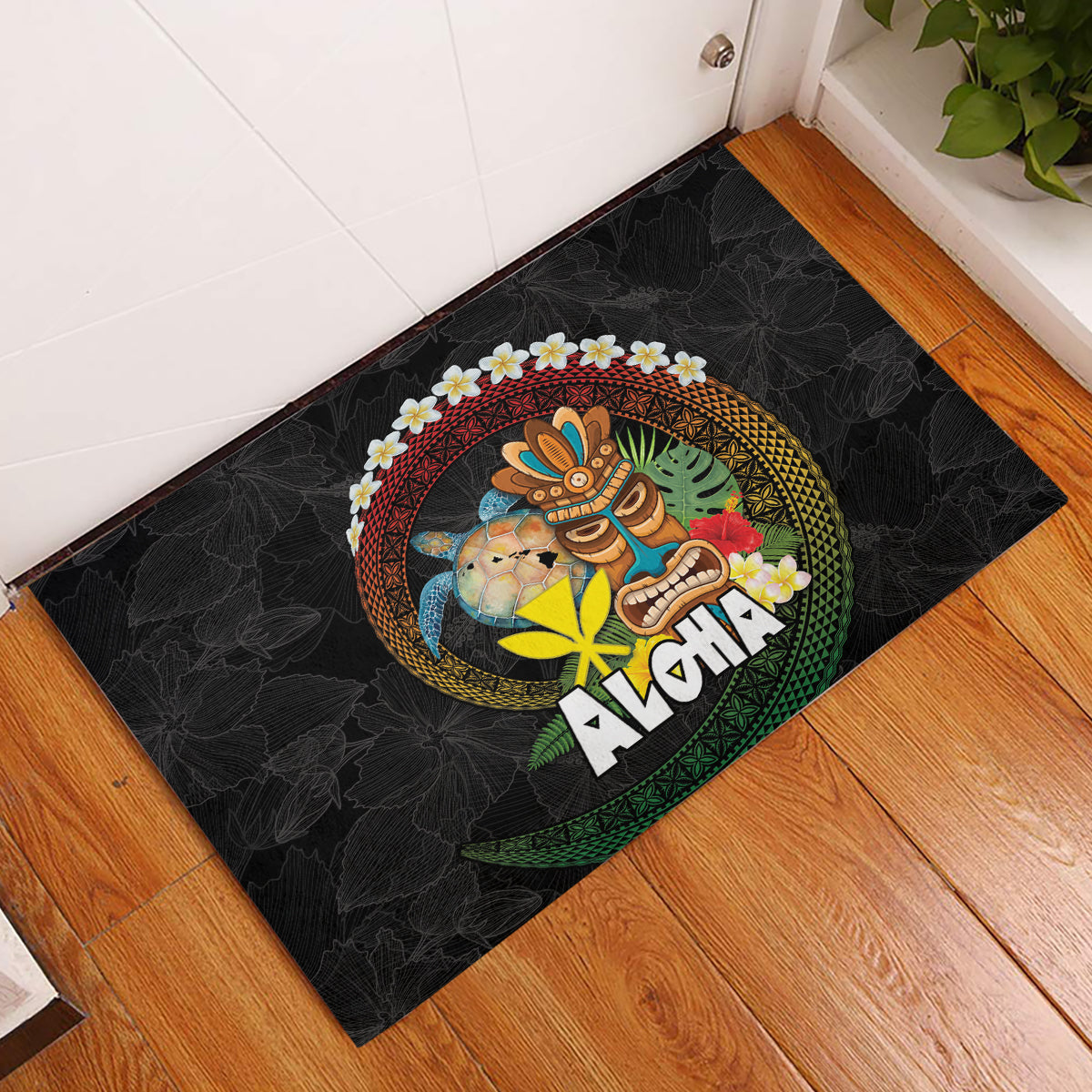 Aloha Hawaii Rubber Doormat Kanaka Maoli with Polynesian Spiral Plumeria LT03 Black - Polynesian Pride