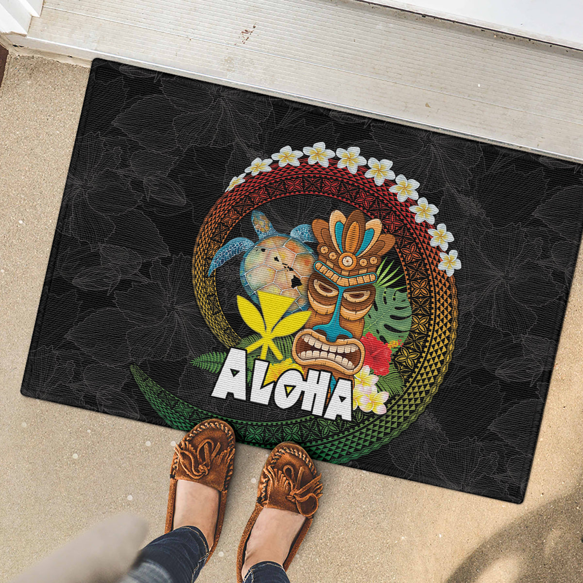 Aloha Hawaii Rubber Doormat Kanaka Maoli with Polynesian Spiral Plumeria LT03 - Polynesian Pride