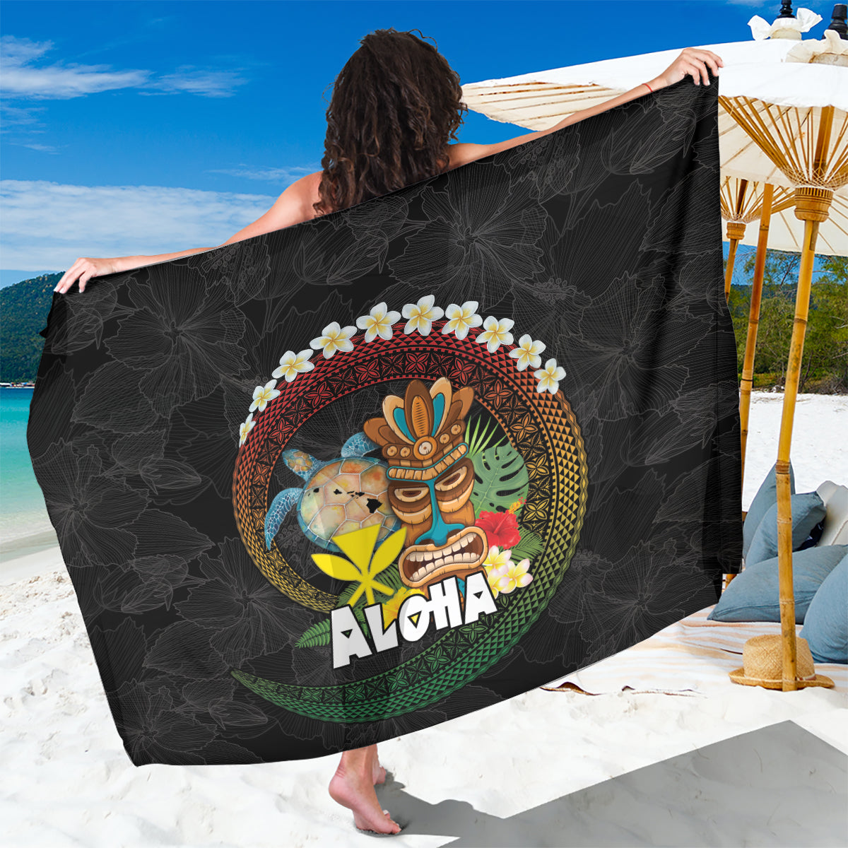 Aloha Hawaii Sarong Kanaka Maoli with Polynesian Spiral Plumeria