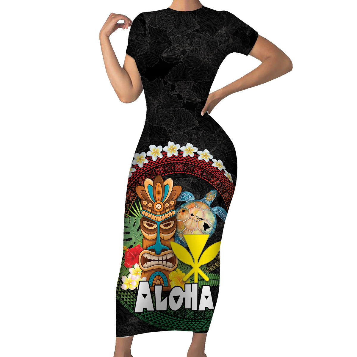 Aloha Hawaii Short Sleeve Bodycon Dress Kanaka Maoli with Polynesian Spiral Plumeria LT03 Long Dress Black - Polynesian Pride