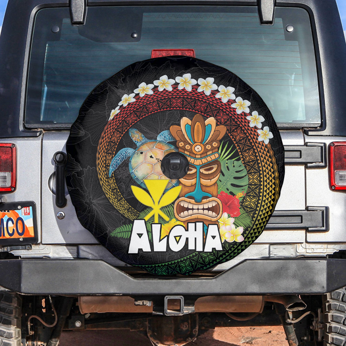Aloha Hawaii Spare Tire Cover Kanaka Maoli with Polynesian Spiral Plumeria LT03 Black - Polynesian Pride