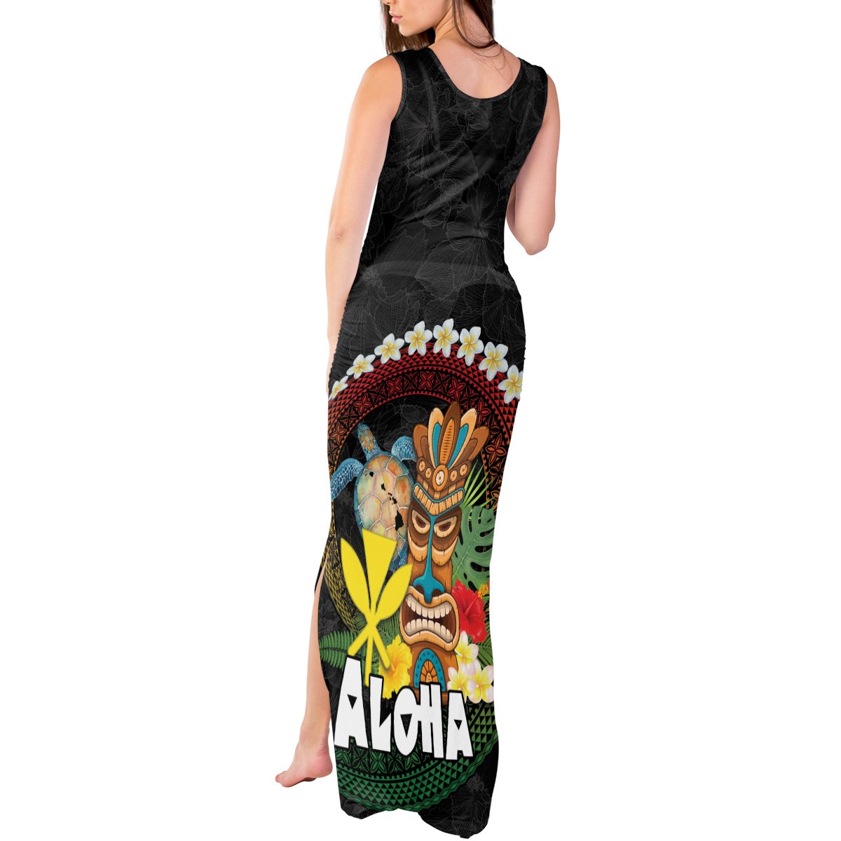 Aloha Hawaii Tank Maxi Dress Kanaka Maoli with Polynesian Spiral Plumeria LT03 - Polynesian Pride