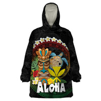 Aloha Hawaii Wearable Blanket Hoodie Kanaka Maoli with Polynesian Spiral Plumeria LT03 One Size Black - Polynesian Pride
