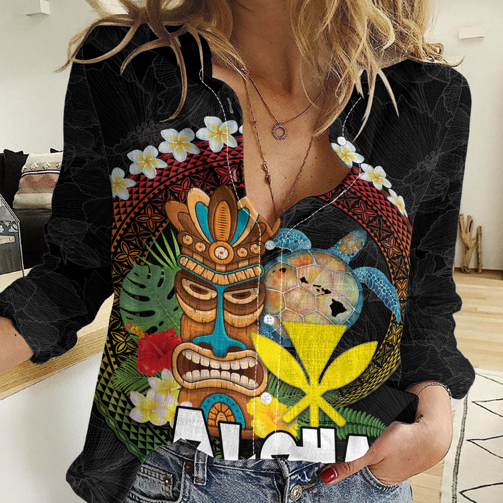 Aloha Hawaii Women Casual Shirt Kanaka Maoli with Polynesian Spiral Plumeria LT03 Female Black - Polynesian Pride