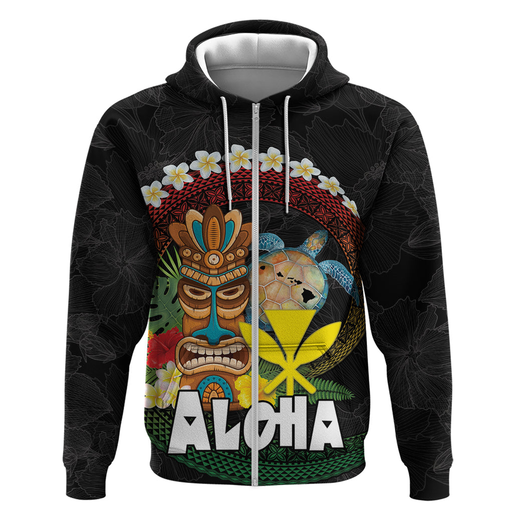 Aloha Hawaii Zip Hoodie Kanaka Maoli with Polynesian Spiral Plumeria LT03 Zip Hoodie Black - Polynesian Pride