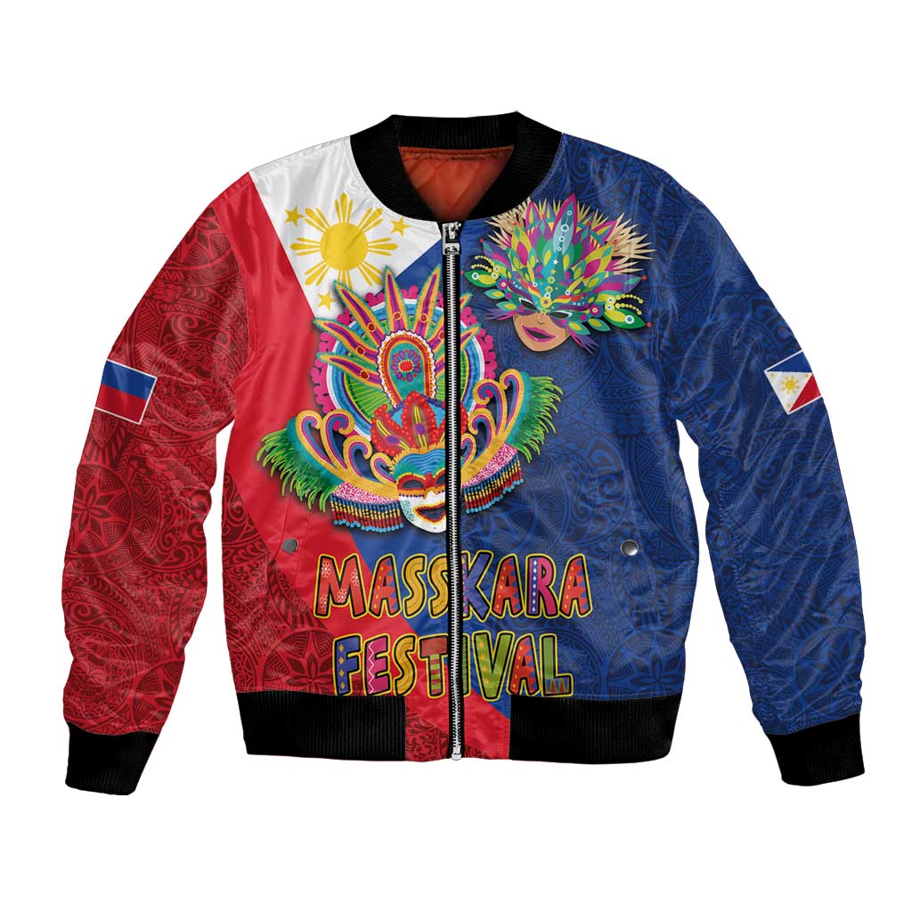 Philippines MassKara Bomber Jacket Filipino Carnival Mask and Polynesian Pattern