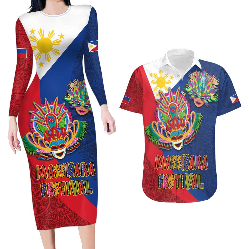 Philippines MassKara Couples Matching Long Sleeve Bodycon Dress and Hawaiian Shirt Filipino Carnival Mask and Polynesian Pattern LT03 Blue - Polynesian Pride
