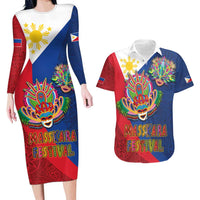 Philippines MassKara Couples Matching Long Sleeve Bodycon Dress and Hawaiian Shirt Filipino Carnival Mask and Polynesian Pattern LT03 Blue - Polynesian Pride