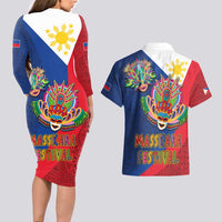 Philippines MassKara Couples Matching Long Sleeve Bodycon Dress and Hawaiian Shirt Filipino Carnival Mask and Polynesian Pattern LT03 - Polynesian Pride