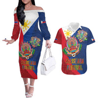 Philippines MassKara Couples Matching Off The Shoulder Long Sleeve Dress and Hawaiian Shirt Filipino Carnival Mask and Polynesian Pattern LT03 Blue - Polynesian Pride