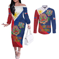 Philippines MassKara Couples Matching Off The Shoulder Long Sleeve Dress and Long Sleeve Button Shirt Filipino Carnival Mask and Polynesian Pattern LT03 Blue - Polynesian Pride