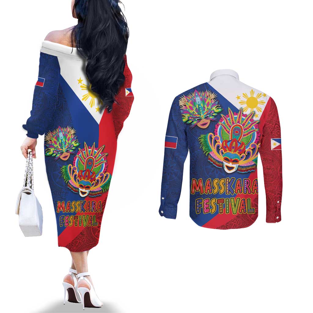 Philippines MassKara Couples Matching Off The Shoulder Long Sleeve Dress and Long Sleeve Button Shirt Filipino Carnival Mask and Polynesian Pattern LT03 - Polynesian Pride