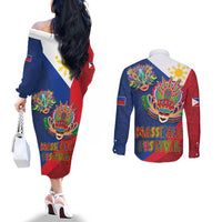 Philippines MassKara Couples Matching Off The Shoulder Long Sleeve Dress and Long Sleeve Button Shirt Filipino Carnival Mask and Polynesian Pattern LT03 - Polynesian Pride