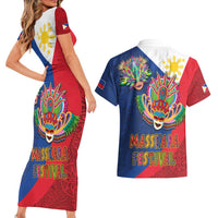 Philippines MassKara Couples Matching Short Sleeve Bodycon Dress and Hawaiian Shirt Filipino Carnival Mask and Polynesian Pattern LT03 - Polynesian Pride