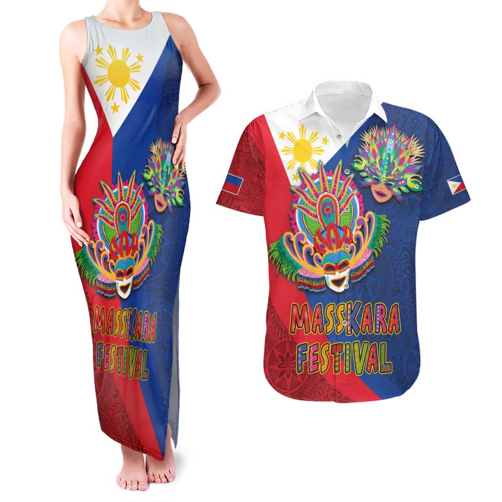 Philippines MassKara Couples Matching Tank Maxi Dress and Hawaiian Shirt Filipino Carnival Mask and Polynesian Pattern LT03 Blue - Polynesian Pride