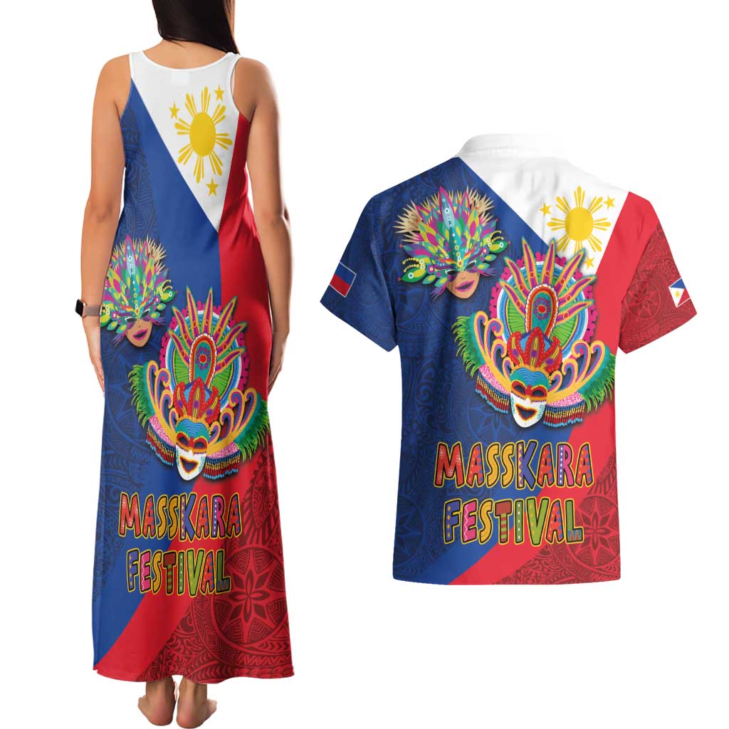 Philippines MassKara Couples Matching Tank Maxi Dress and Hawaiian Shirt Filipino Carnival Mask and Polynesian Pattern LT03 - Polynesian Pride