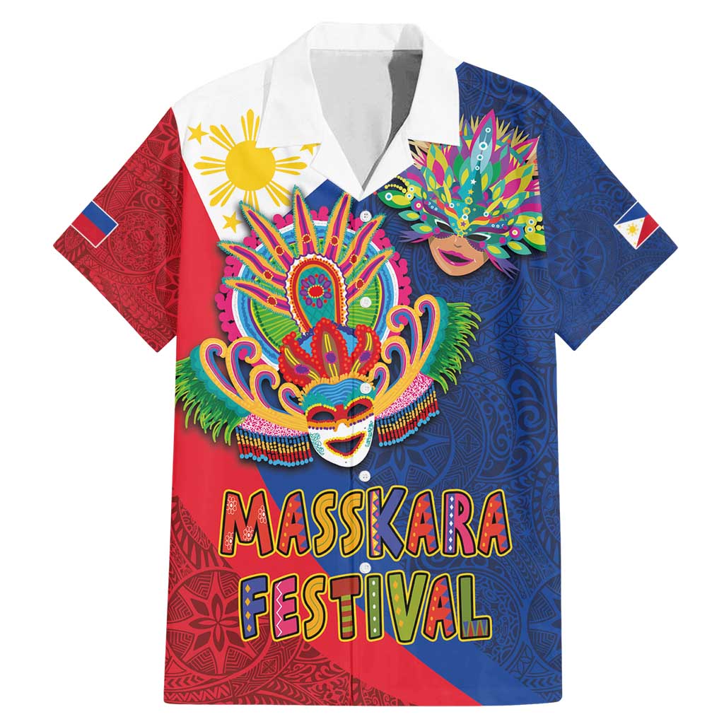 Philippines MassKara Family Matching Mermaid Dress and Hawaiian Shirt Filipino Carnival Mask and Polynesian Pattern LT03 Dad's Shirt - Short Sleeve Blue - Polynesian Pride