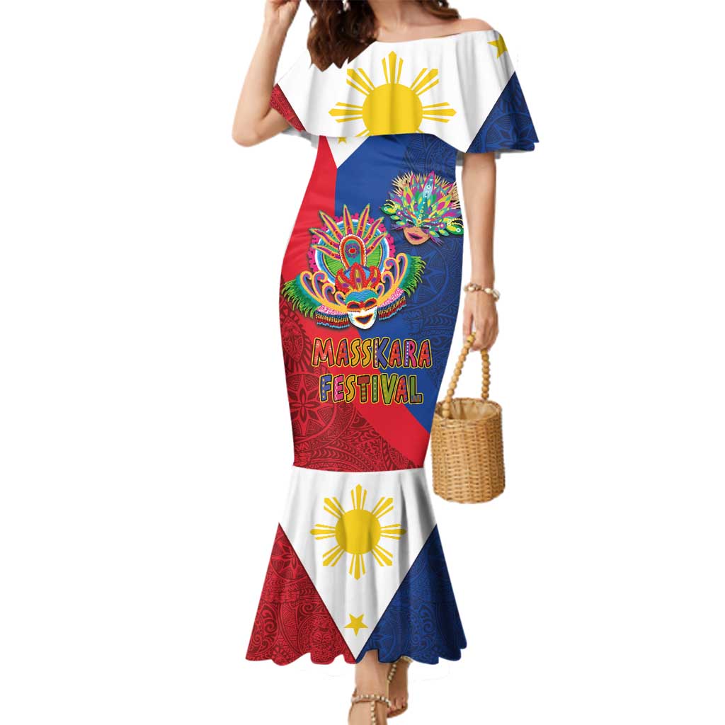 Philippines MassKara Family Matching Mermaid Dress and Hawaiian Shirt Filipino Carnival Mask and Polynesian Pattern LT03 Mom's Dress Blue - Polynesian Pride