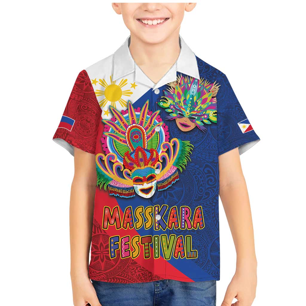 Philippines MassKara Family Matching Mermaid Dress and Hawaiian Shirt Filipino Carnival Mask and Polynesian Pattern LT03 Son's Shirt Blue - Polynesian Pride