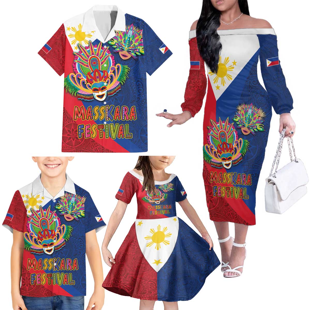 Philippines MassKara Family Matching Off The Shoulder Long Sleeve Dress and Hawaiian Shirt Filipino Carnival Mask and Polynesian Pattern LT03 - Polynesian Pride