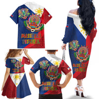Philippines MassKara Family Matching Off The Shoulder Long Sleeve Dress and Hawaiian Shirt Filipino Carnival Mask and Polynesian Pattern LT03 - Polynesian Pride