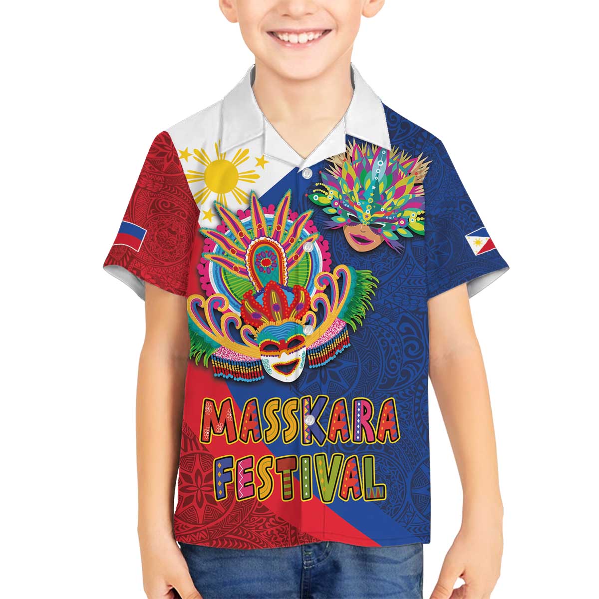 Philippines MassKara Family Matching Off The Shoulder Long Sleeve Dress and Hawaiian Shirt Filipino Carnival Mask and Polynesian Pattern LT03 Son's Shirt Blue - Polynesian Pride