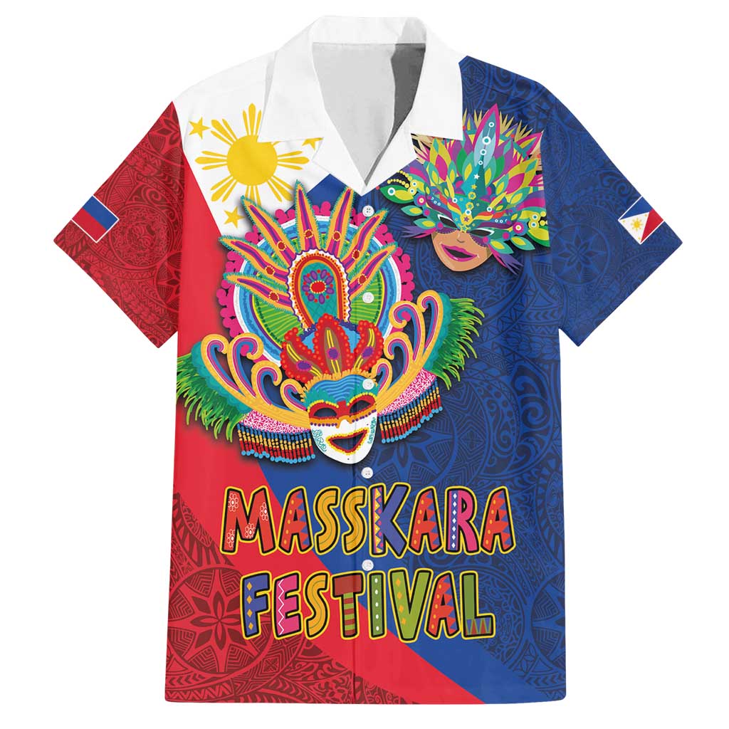 Philippines MassKara Family Matching Off Shoulder Maxi Dress and Hawaiian Shirt Filipino Carnival Mask and Polynesian Pattern LT03 Dad's Shirt - Short Sleeve Blue - Polynesian Pride