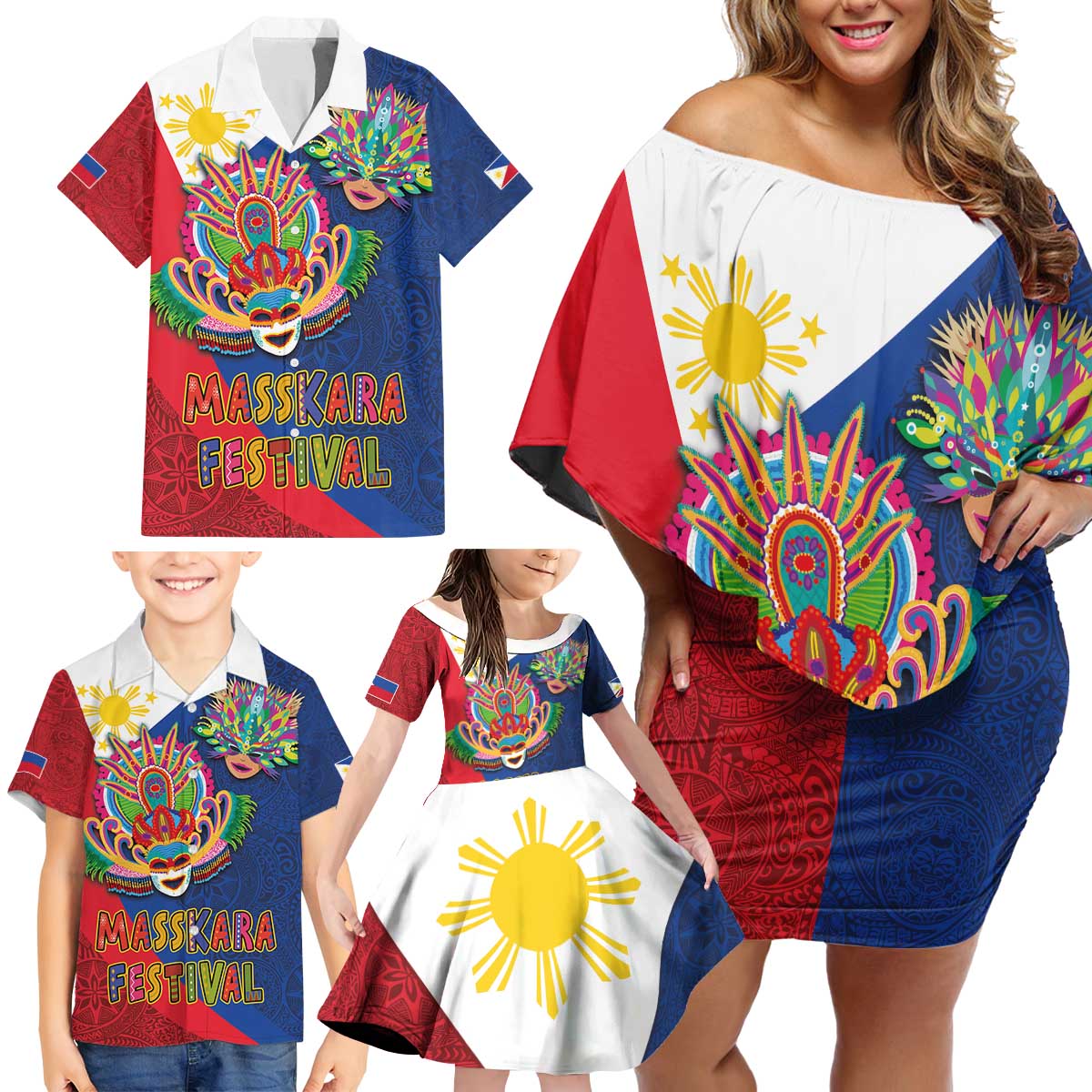 Philippines MassKara Family Matching Off Shoulder Short Dress and Hawaiian Shirt Filipino Carnival Mask and Polynesian Pattern LT03 - Polynesian Pride