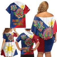 Philippines MassKara Family Matching Off Shoulder Short Dress and Hawaiian Shirt Filipino Carnival Mask and Polynesian Pattern LT03 - Polynesian Pride