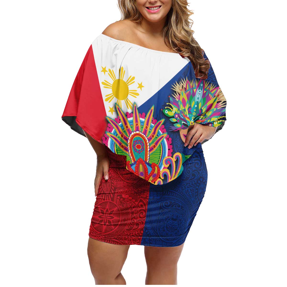 Philippines MassKara Family Matching Off Shoulder Short Dress and Hawaiian Shirt Filipino Carnival Mask and Polynesian Pattern LT03 Mom's Dress Blue - Polynesian Pride