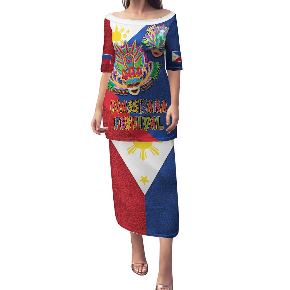 Philippines MassKara Family Matching Puletasi and Hawaiian Shirt Filipino Carnival Mask and Polynesian Pattern LT03 Mom's Dress Blue - Polynesian Pride
