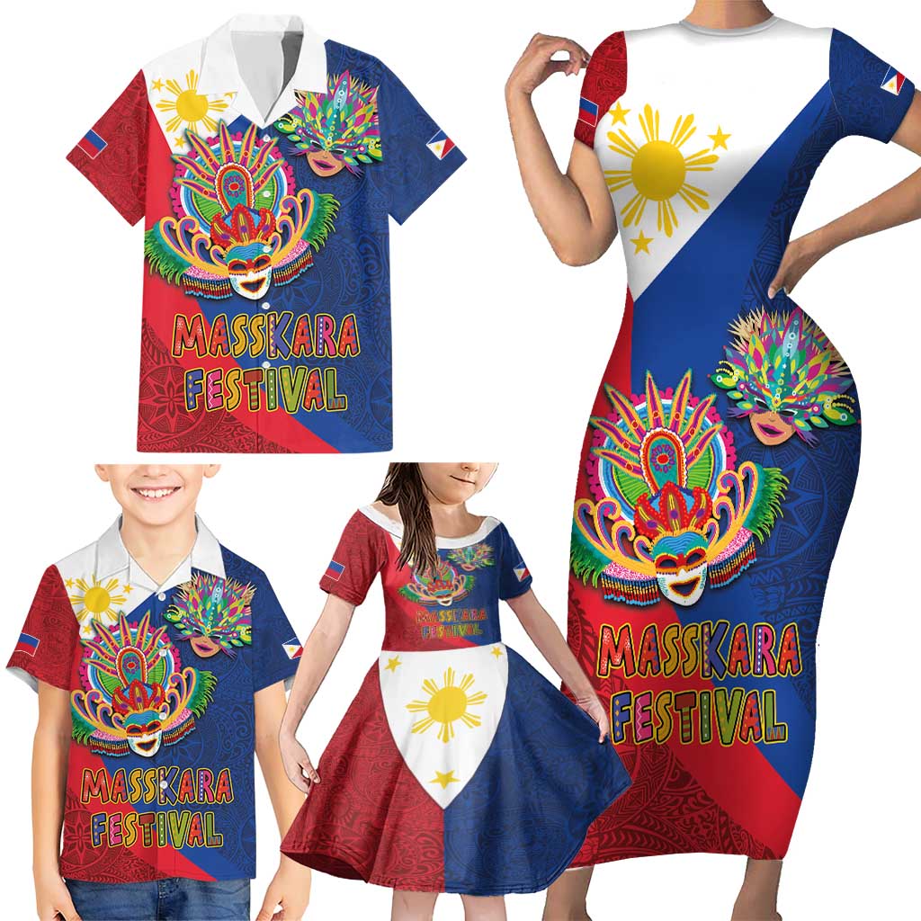 Philippines MassKara Family Matching Short Sleeve Bodycon Dress and Hawaiian Shirt Filipino Carnival Mask and Polynesian Pattern LT03 - Polynesian Pride