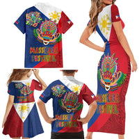 Philippines MassKara Family Matching Short Sleeve Bodycon Dress and Hawaiian Shirt Filipino Carnival Mask and Polynesian Pattern LT03 - Polynesian Pride