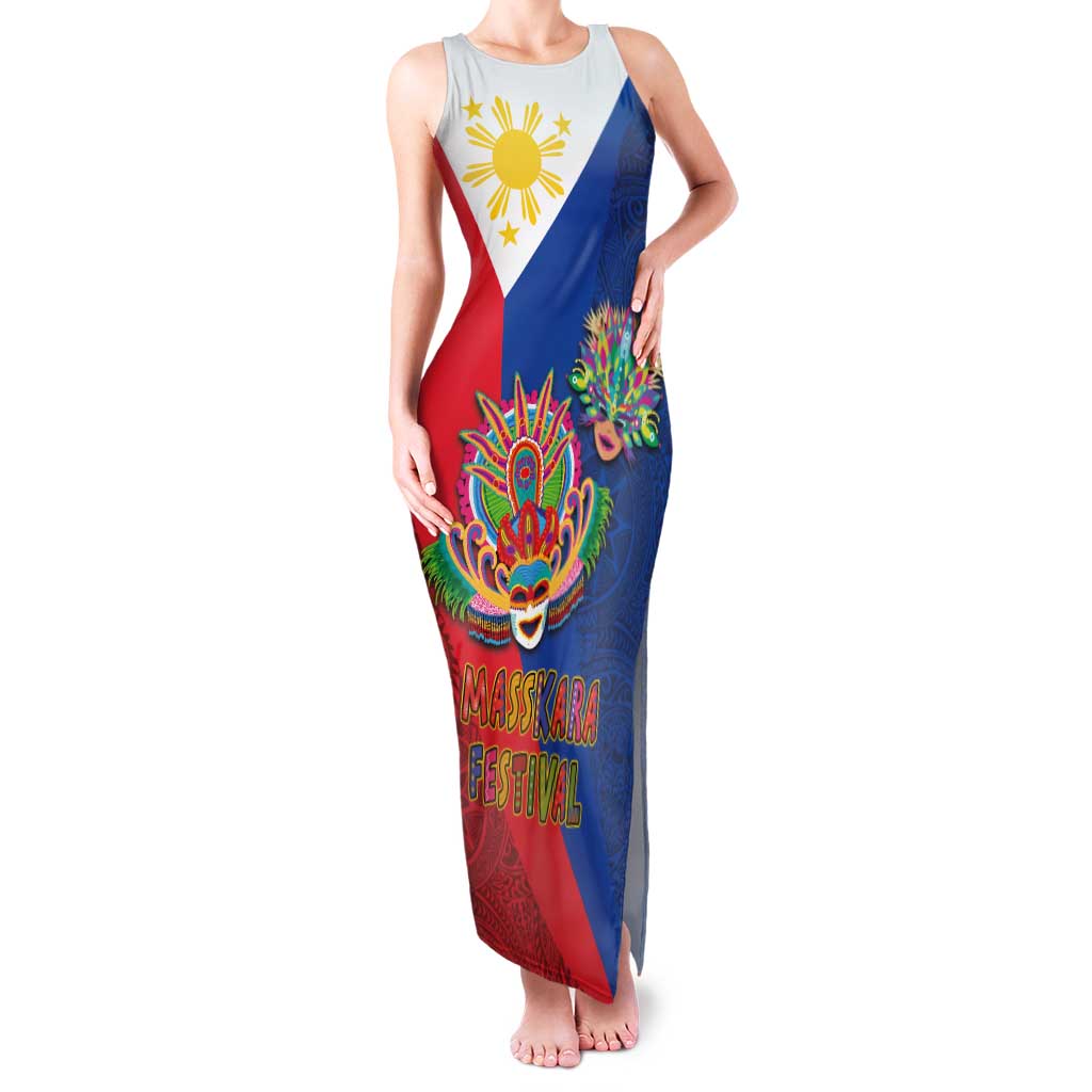 Philippines MassKara Family Matching Tank Maxi Dress and Hawaiian Shirt Filipino Carnival Mask and Polynesian Pattern LT03 Mom's Dress Blue - Polynesian Pride