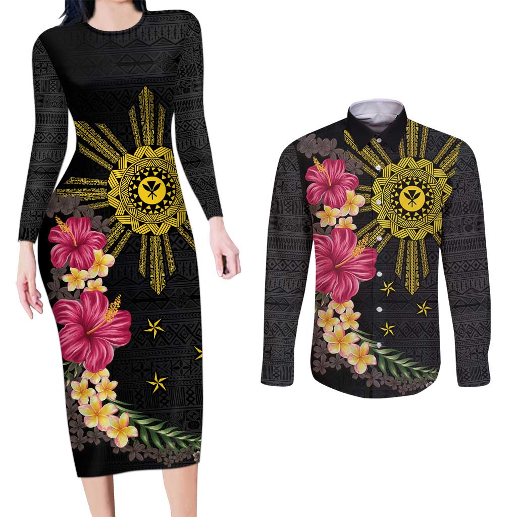 Hawaii and Philippines Together Couples Matching Long Sleeve Bodycon Dress and Long Sleeve Button Shirt Hibiscus Flower and Sun Badge Polynesian Pattern Coloful LT03 Black - Polynesian Pride