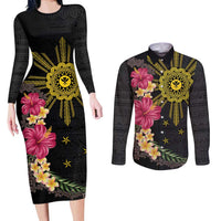 Hawaii and Philippines Together Couples Matching Long Sleeve Bodycon Dress and Long Sleeve Button Shirt Hibiscus Flower and Sun Badge Polynesian Pattern Coloful LT03 Black - Polynesian Pride