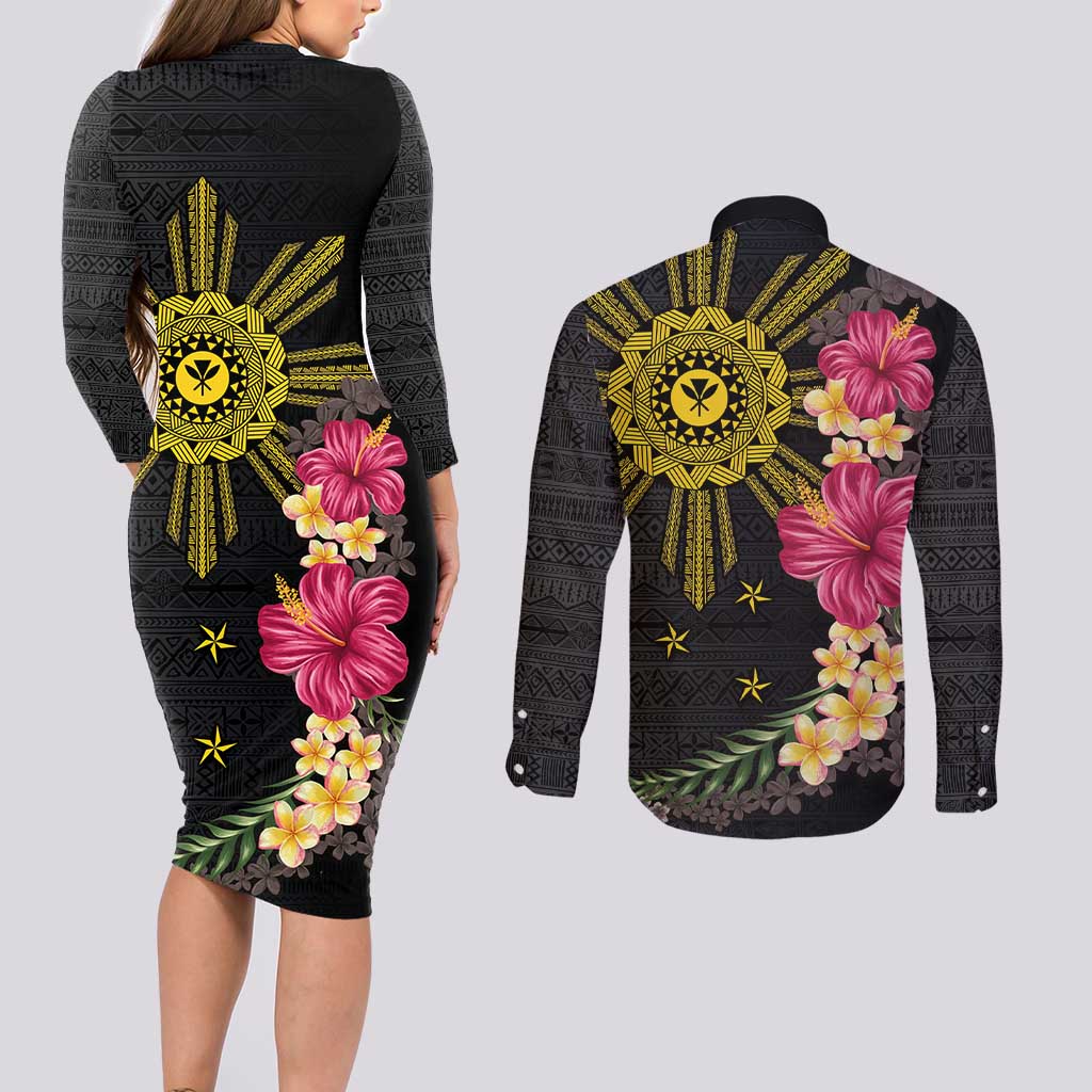 Hawaii and Philippines Together Couples Matching Long Sleeve Bodycon Dress and Long Sleeve Button Shirt Hibiscus Flower and Sun Badge Polynesian Pattern Coloful LT03 - Polynesian Pride