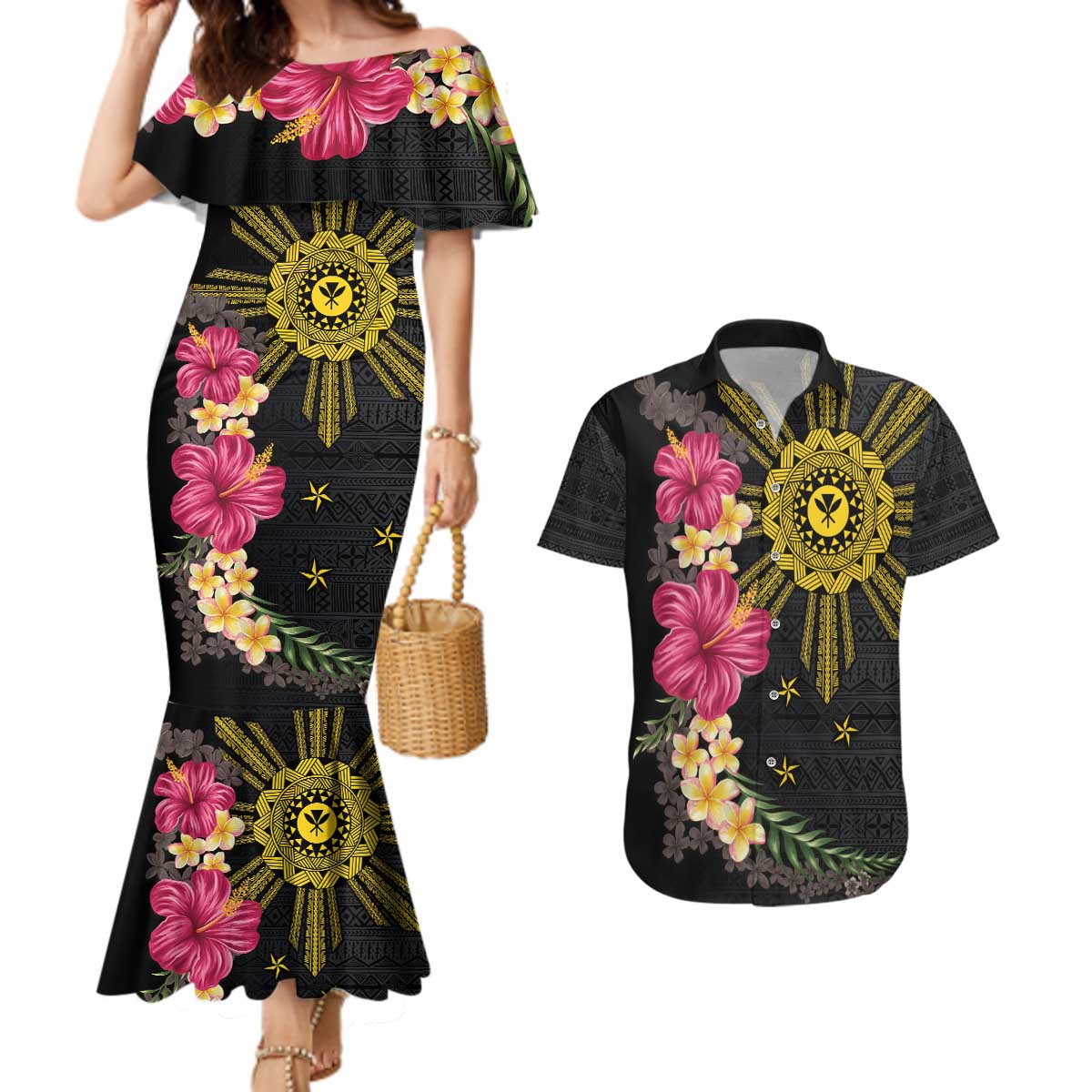 Hawaii and Philippines Together Couples Matching Mermaid Dress and Hawaiian Shirt Hibiscus Flower and Sun Badge Polynesian Pattern Coloful LT03 Black - Polynesian Pride